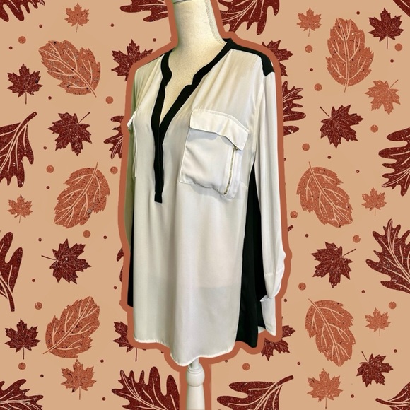 Lane Bryant Black & White Popover Roll-Tab Sleeve Blouse w/ Breast Pockets 26/28 - Picture 5 of 12